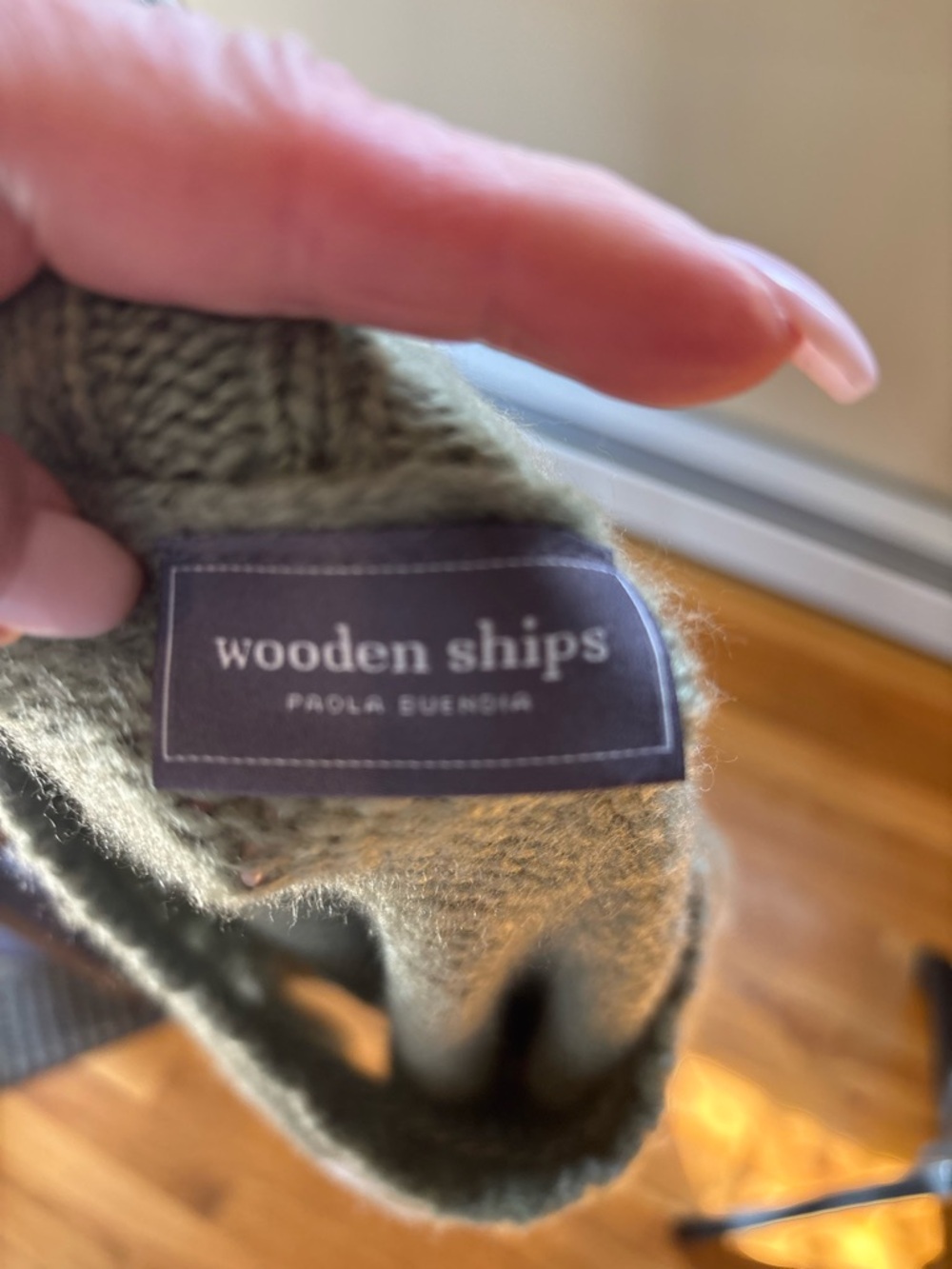 Wooden Ships Olive Green Crewneck Sweater with White "PEACE LOVE" - Picture 3 of 3